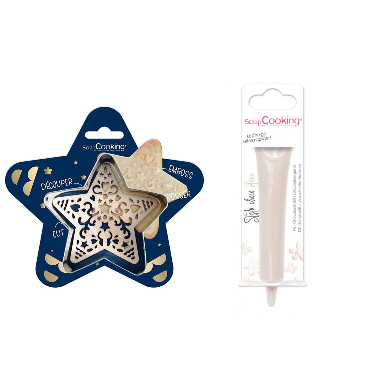 Kit pour biscuit en relief Étoile + Stylo au chocolat blanc Scrapcooki