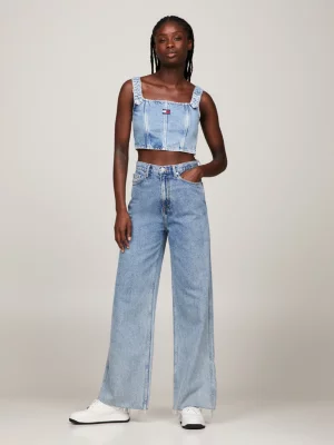 Top cropped jeans com fivela e alças.