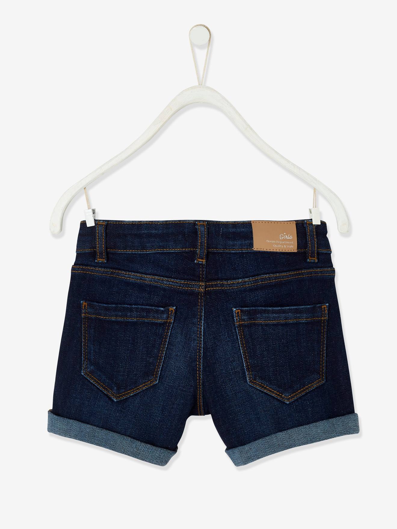 Shorts jeans com barra dobrada, para meninas, lavagem azul escura