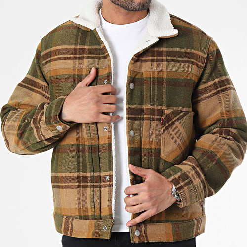 Veste A Carreaux Col Mouton Type I Sherpa Trucker A4882 Beige Vert Kaki