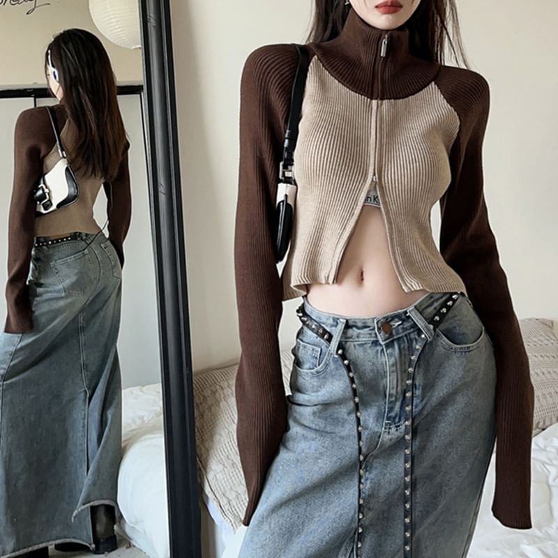 Angel Shine - Mock-neck two-tone cropped trui met rits