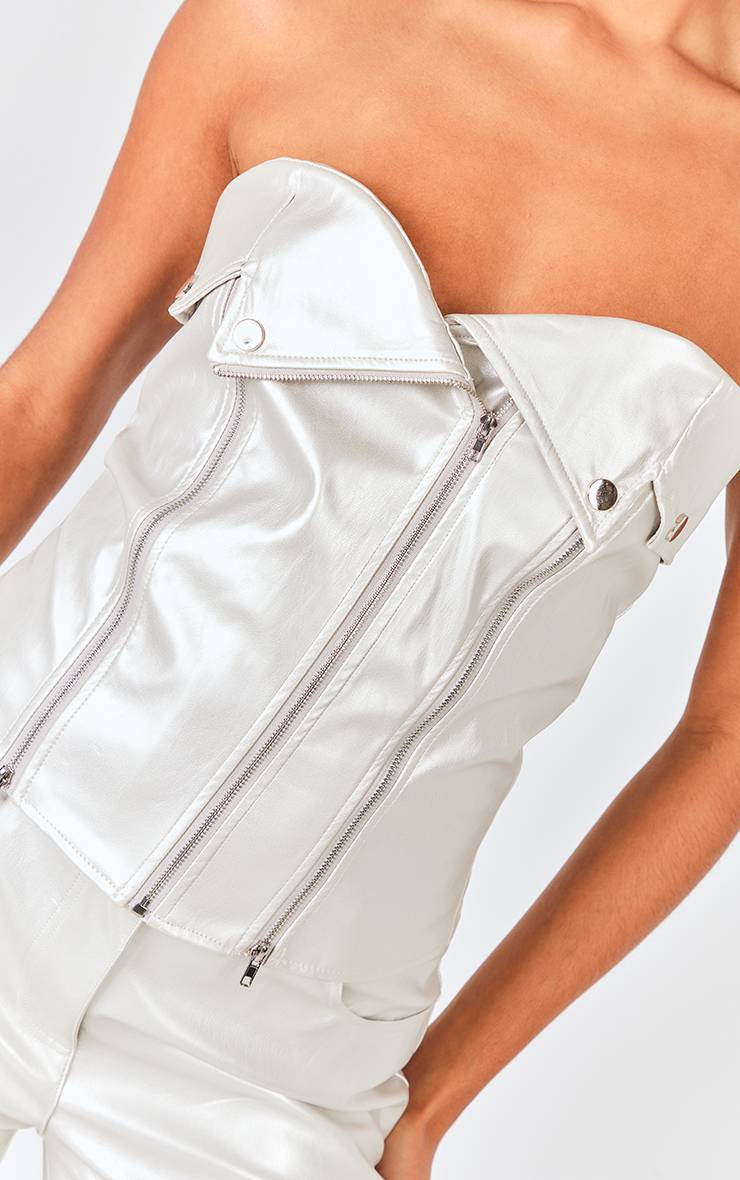 Argenté Corset Style Motard Zippé En Synthétiquecuir Métallisé