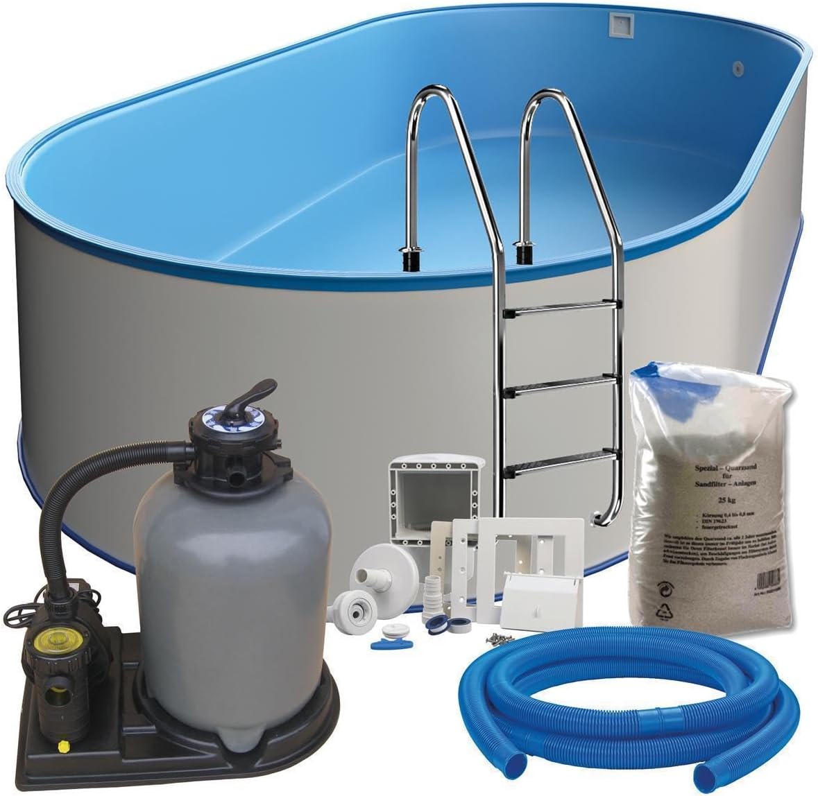 Stahlwand Ovalpool-Set (L x B x T) 5,25 m x 3,20 m x 1,20 m, Pool Made in Europe, mit Edehlstahlleiter für Tiefbecken, SF133 Sandfilteranlage mit 6 m³/h, Einbauskimmer, Filtersand, Poolschlauch
