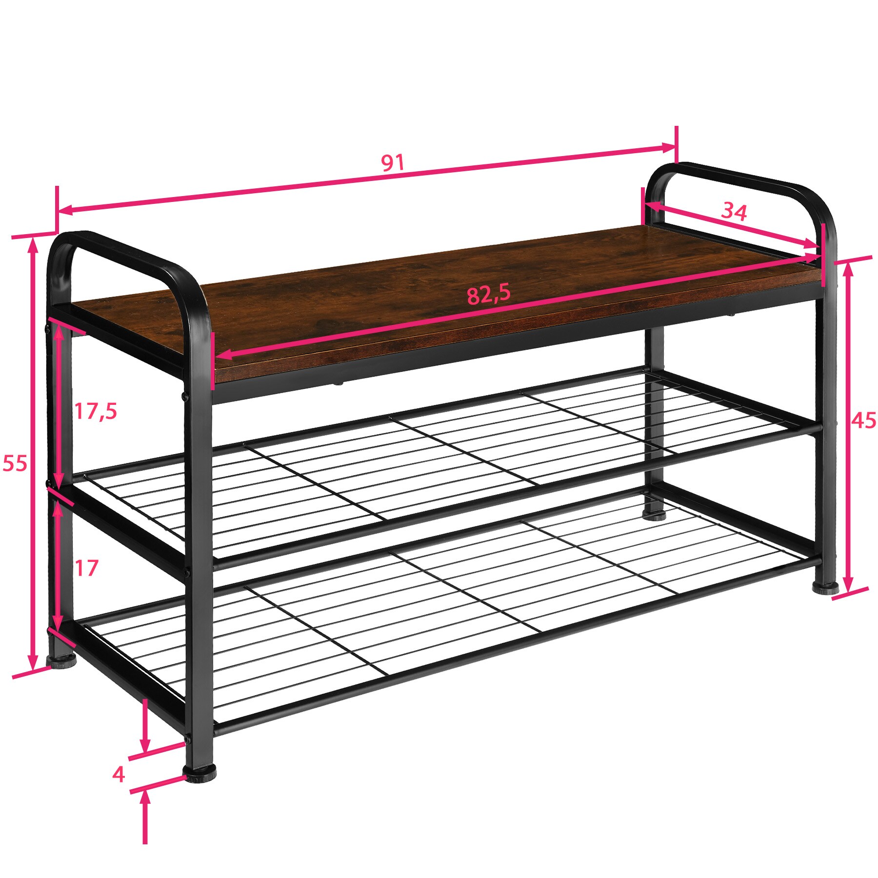 tectake® Schuhregal, Industrial Style, Ablage und 2 Gitterablagen, 91 x 36 x 55 cm