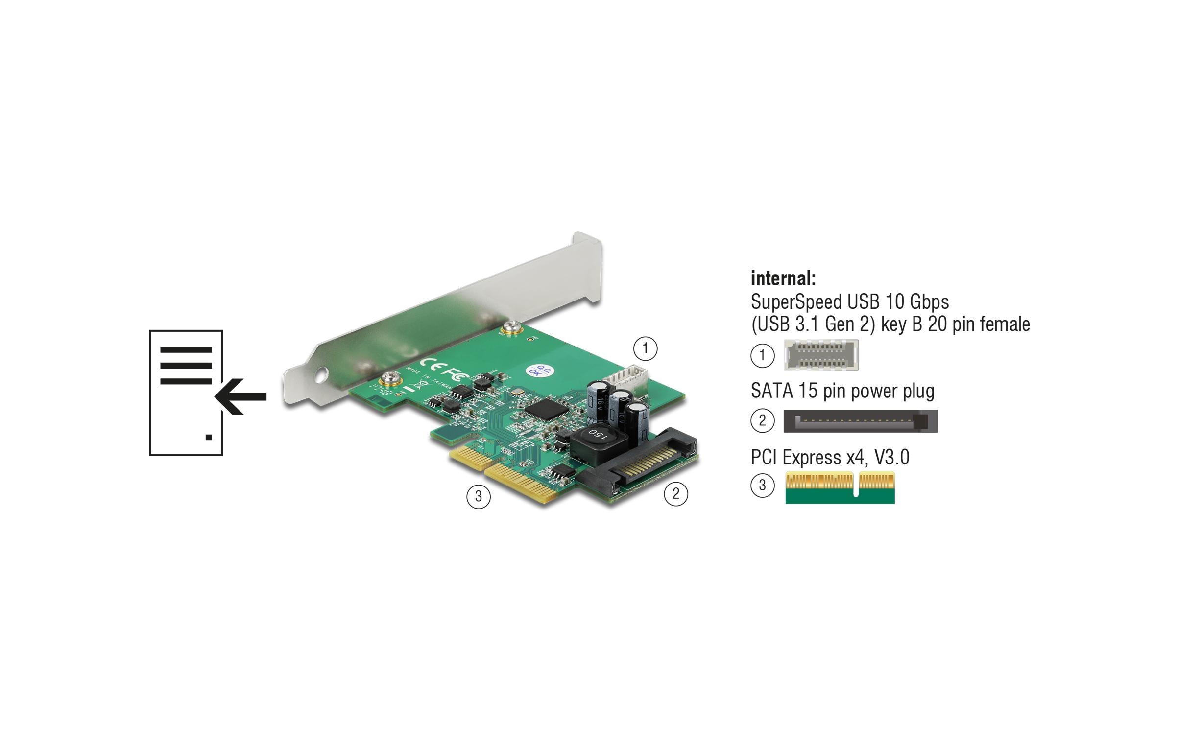 PCI-Express-Karte 1x intern USB 3.2 Gen 2 Key B 20 PinPCIe-Schnittstellenkarte mit einem internem USB-3.1-Pfostensteckern