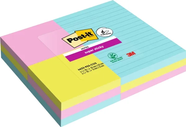 Post-it® Super Sticky Notes inkl. 3 linjerede   6 standard blokke - ass. størrelser med 90 ark pr. blok - (9 blokke)