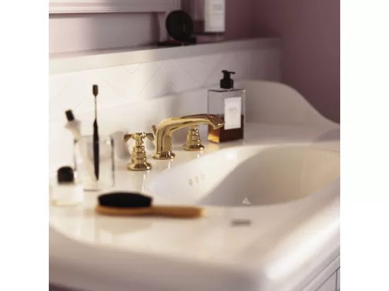 Pack plan vasque suspendu 3 trous JACOB DELAFON Cléo 1889 + colonne droite + miroir + mélangeur croisillon or + siphon or