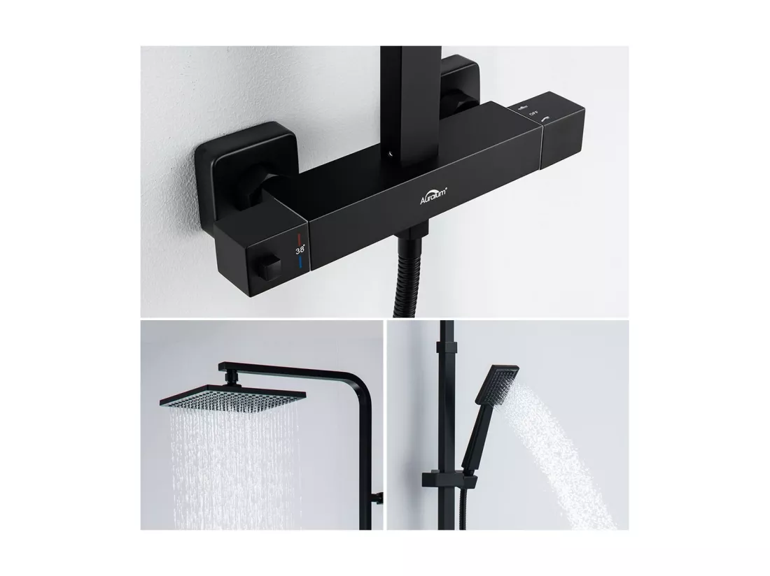 Colonne de Douche Noire Thermostatique,Tête de Douche Carrée 21.5cm,Ensemble Douche Hauteur Réglable,avec Mitigeur Thermostat de Laiton