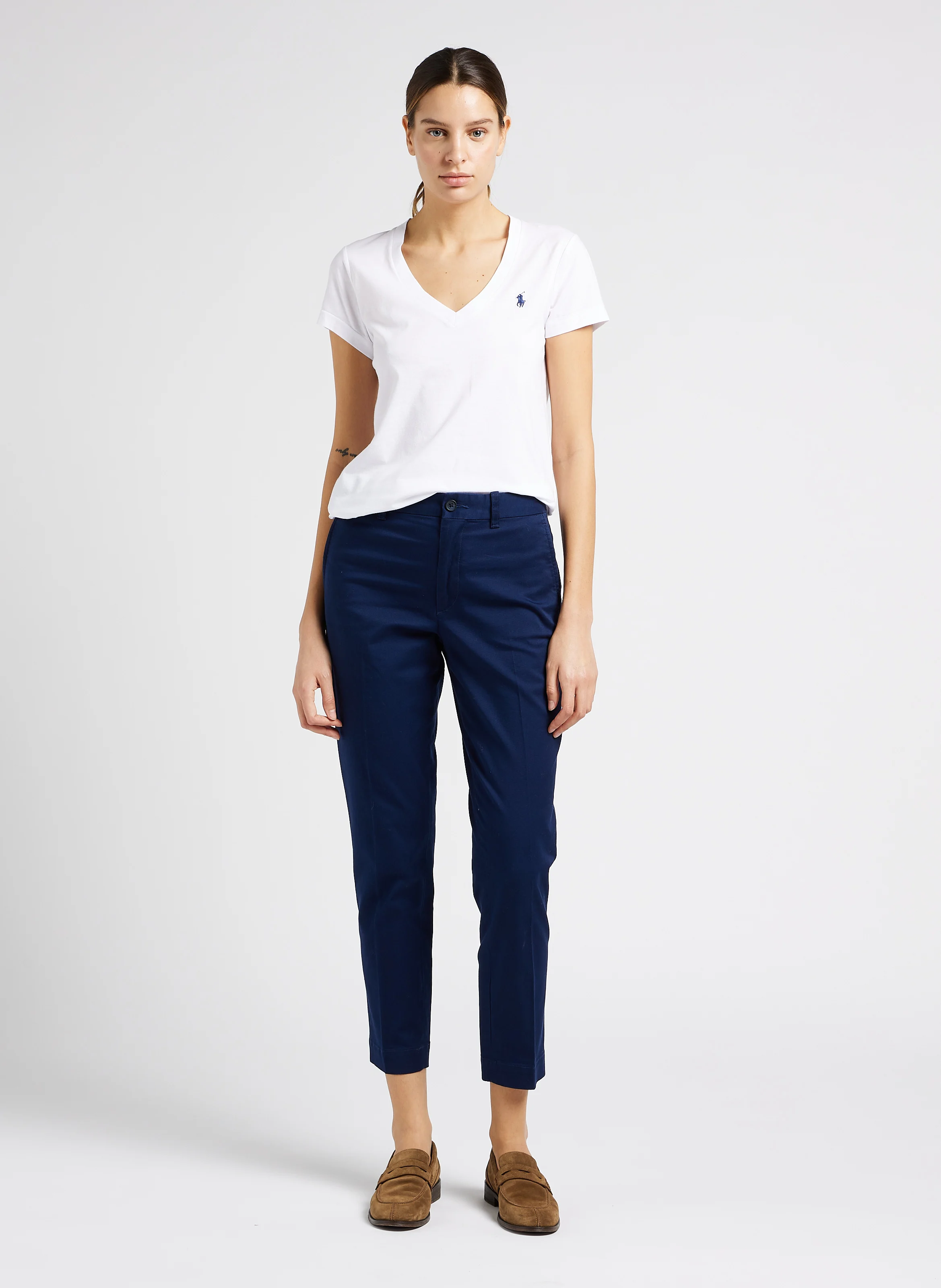 Tee-shirt col V brodé en coton | Blanc