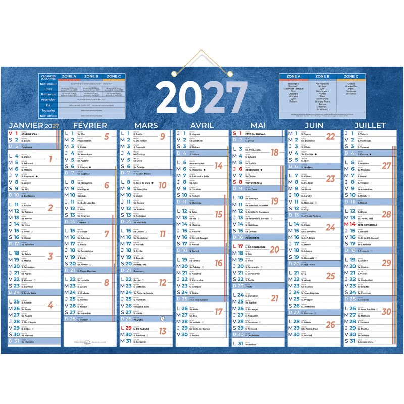 Calendrier semestriel mural 2027 - 38,5 x 54 cm - 7 mois