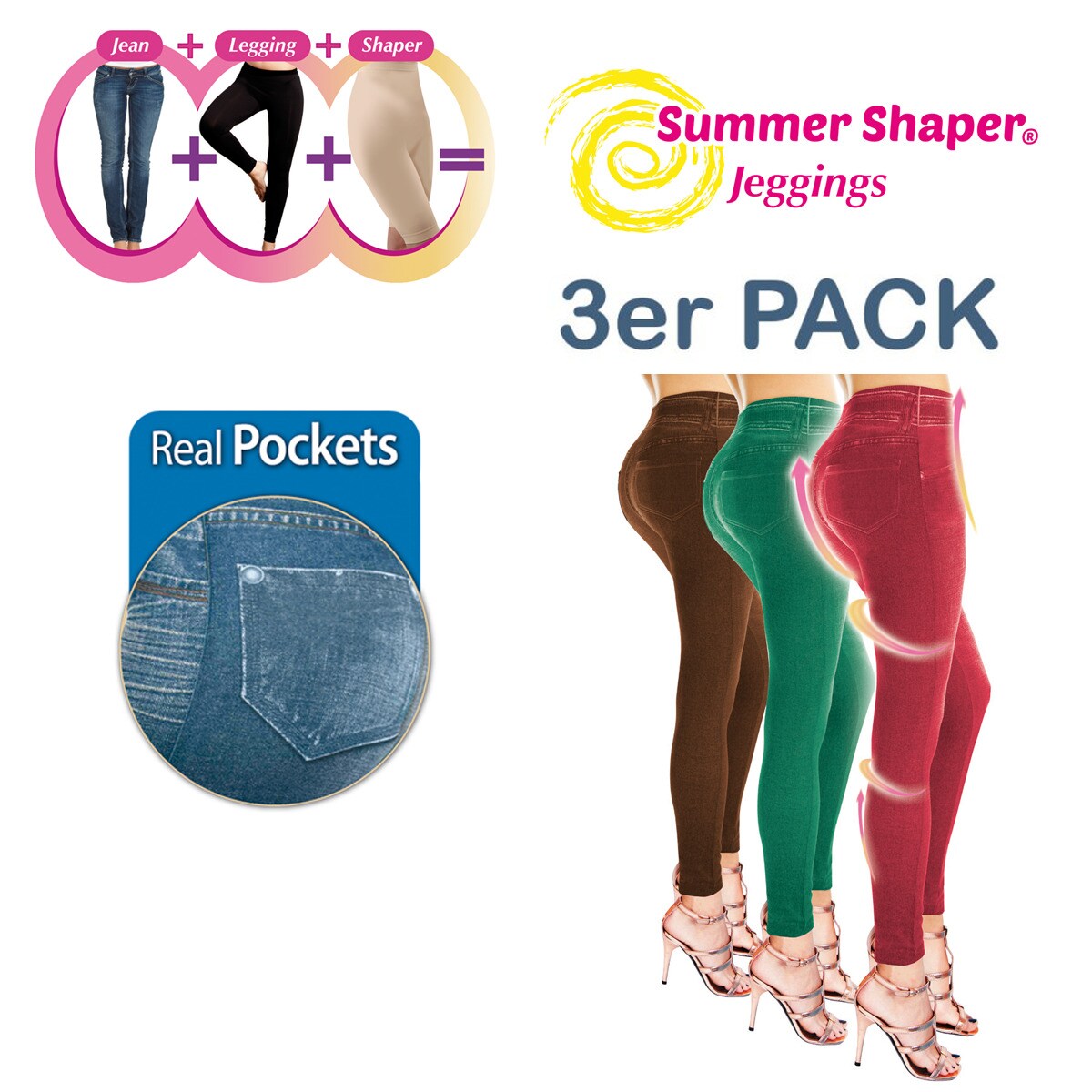 Comfortisse® Jeggings - Leggings 3er Set mit Taschen Summer Shaper Jeggings