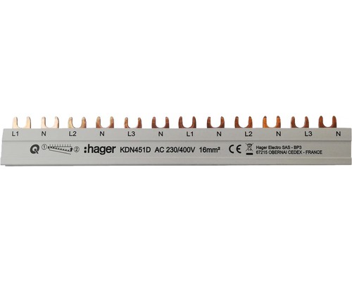Hager KDN451D busbar 3-polig + N met vorkaansluiting 16mm² 80A 12 modules