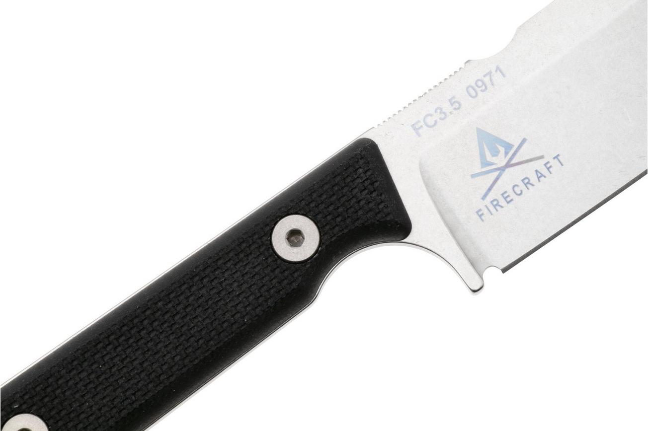 White River Firecraft 3.5 Pro, Stonewashed Magnacut, Black G10, survivalmes, Kydex schede met firesteel