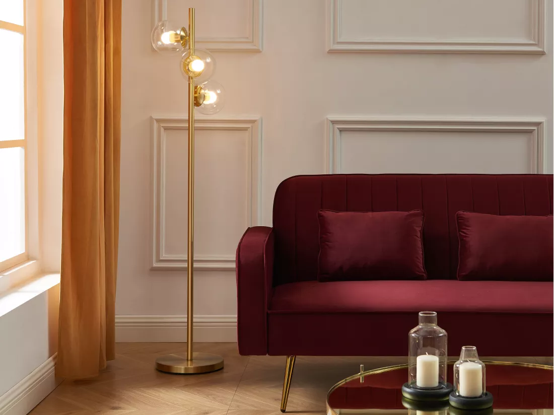 Lampadaire en laiton brossé et 3 globes en verre vintage - H. 148 cm - YUKON