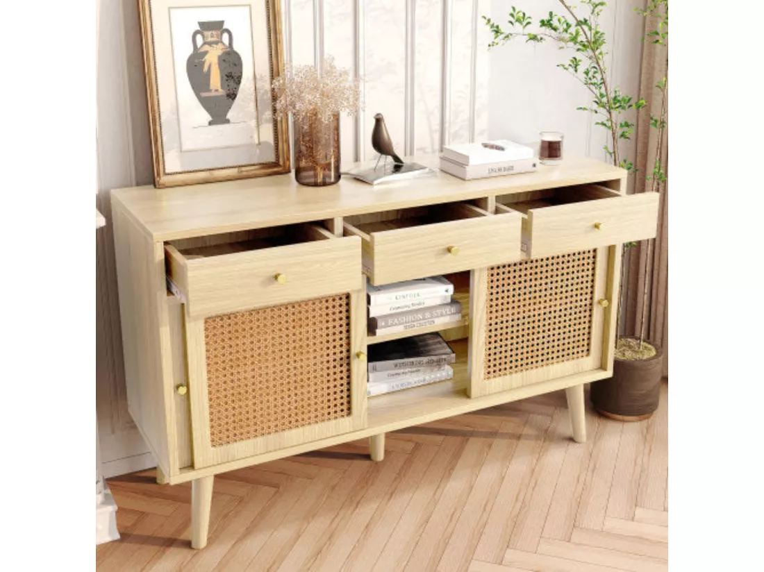 Buffet en chêne avec tiroirs et porte coulissante en rotin, coloris chêne,d120cm×h78cm