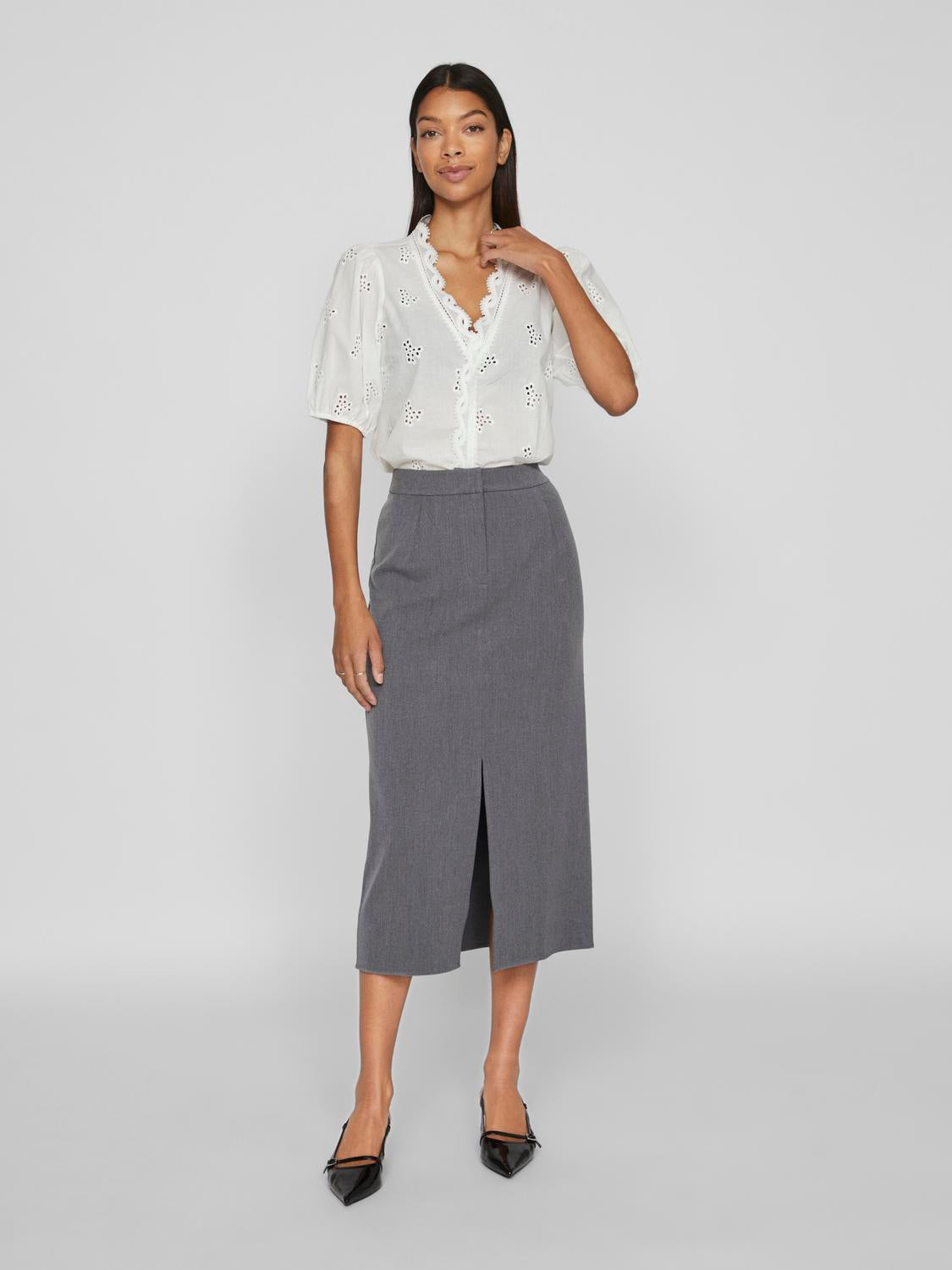 Vila  Vivarone HW midi nederdel - Medium Grey Melange