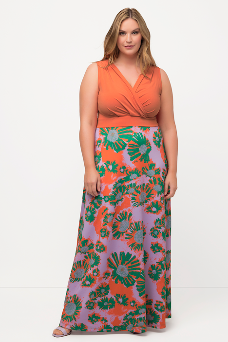 Jersey-Maxikleid, Blüten, V-Ausschnitt, ärmellos