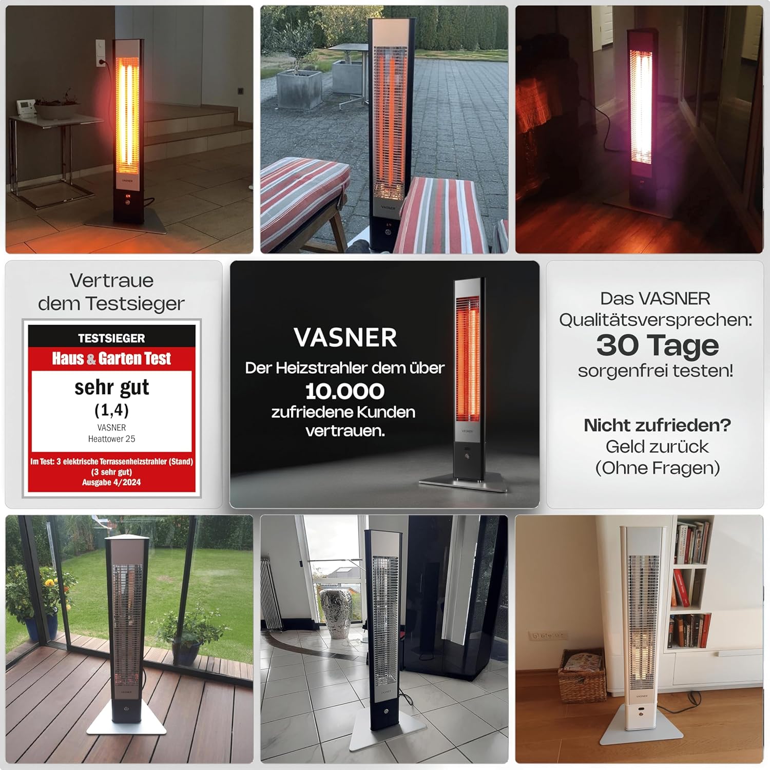 VASNER HeatTower Wärmestrahler – Infrarot Standheizstrahler 2500 Watt - Heizstrahler Terrasse elektrisch 4 Heizstufen - Elektro Heizstrahler Outdoor - Terrassenstrahler Infrarot inkl. Fernbedienung