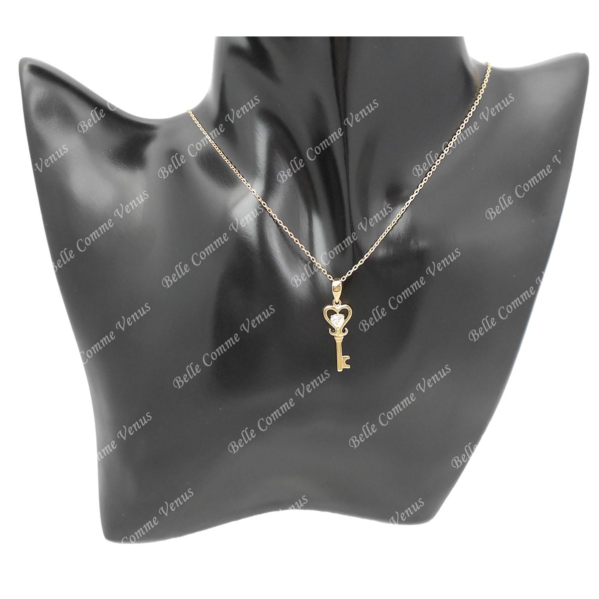 Collier clé coeur d'oxyde de zirconium Plaqué OR 750 3 microns