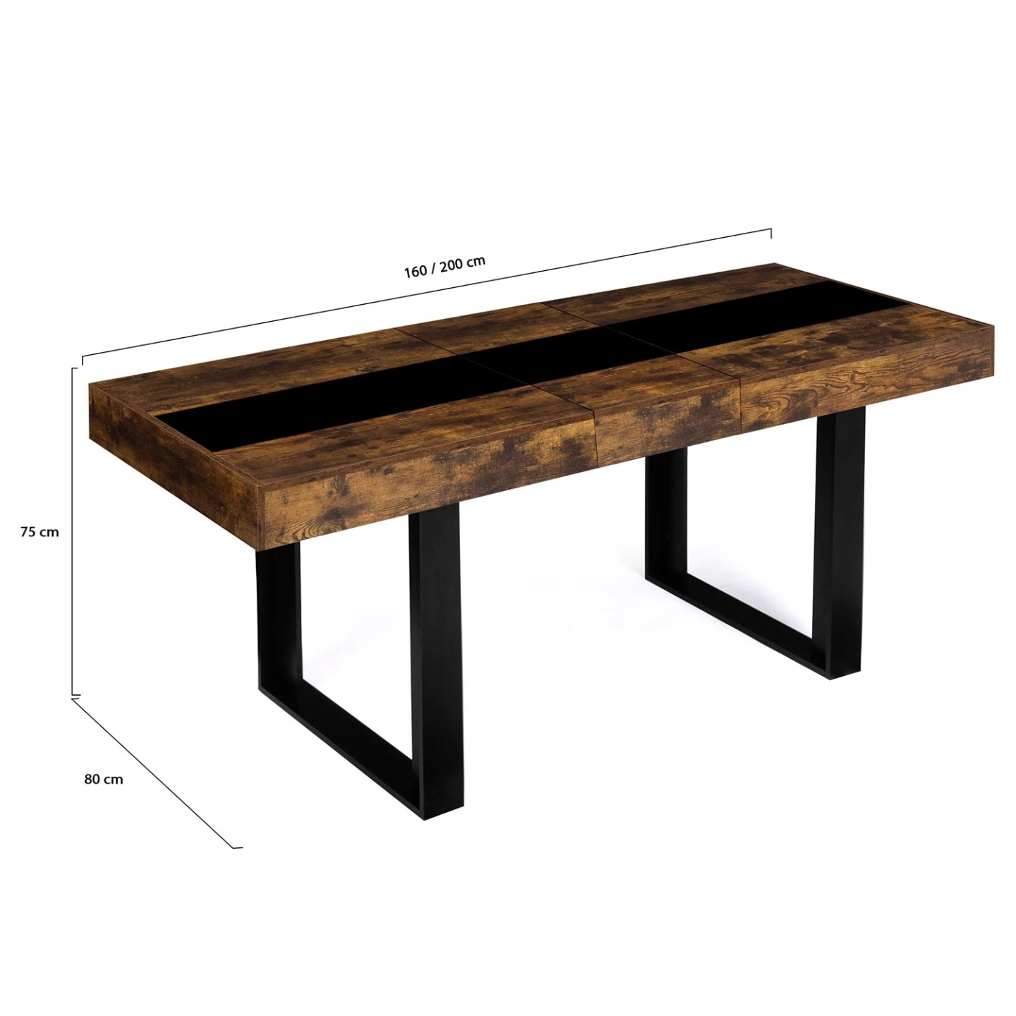 Table à manger extensible rectangle PHOENIX 4-8 personnes bois effet vieilli et noir bande centrale noire 160-200 cm