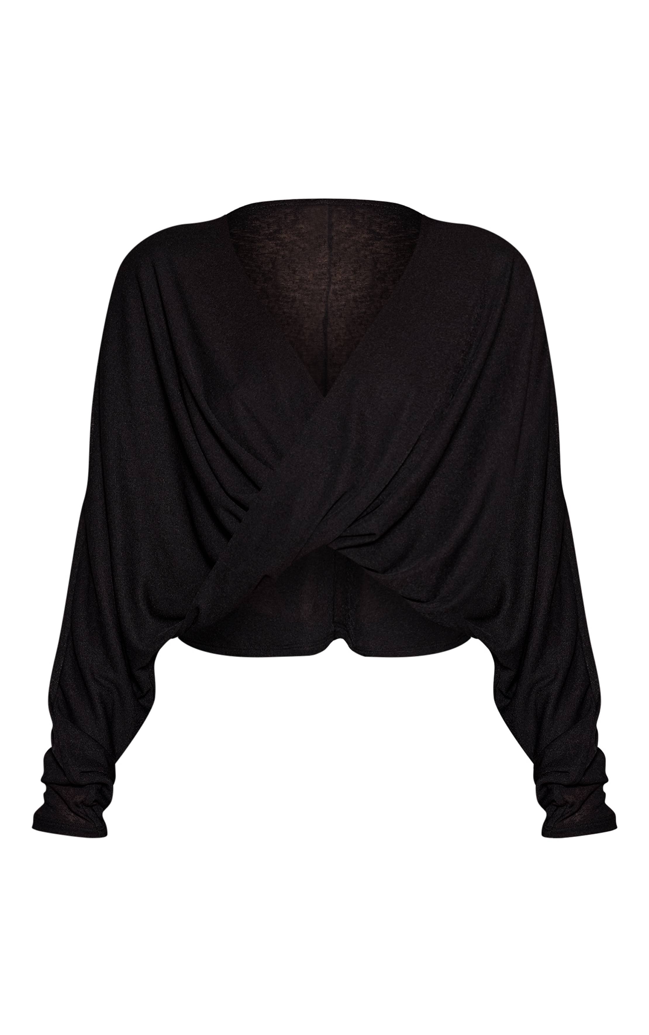 Noir Top Manches Longues Slouchy En Mesh Dévoré Marron Avec Torsade Devant