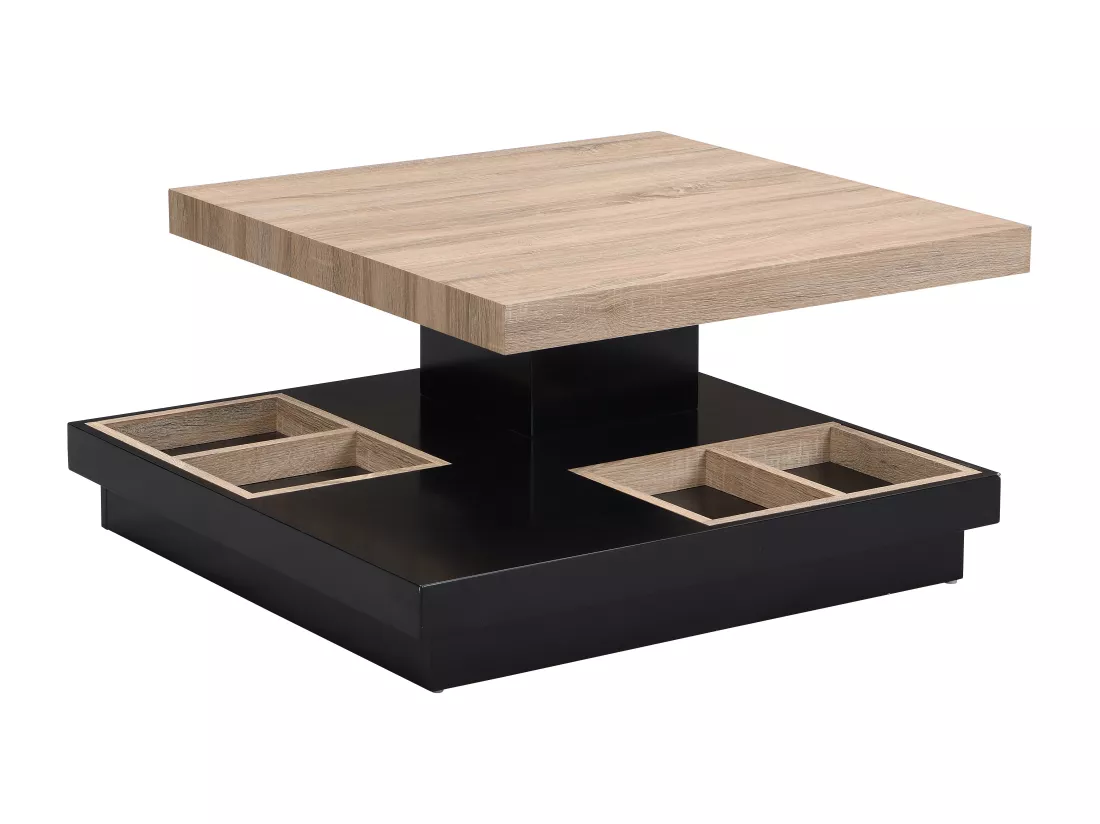 Table basse - Plateau pivotant - MDF laqué noir et naturel - FAUSTO