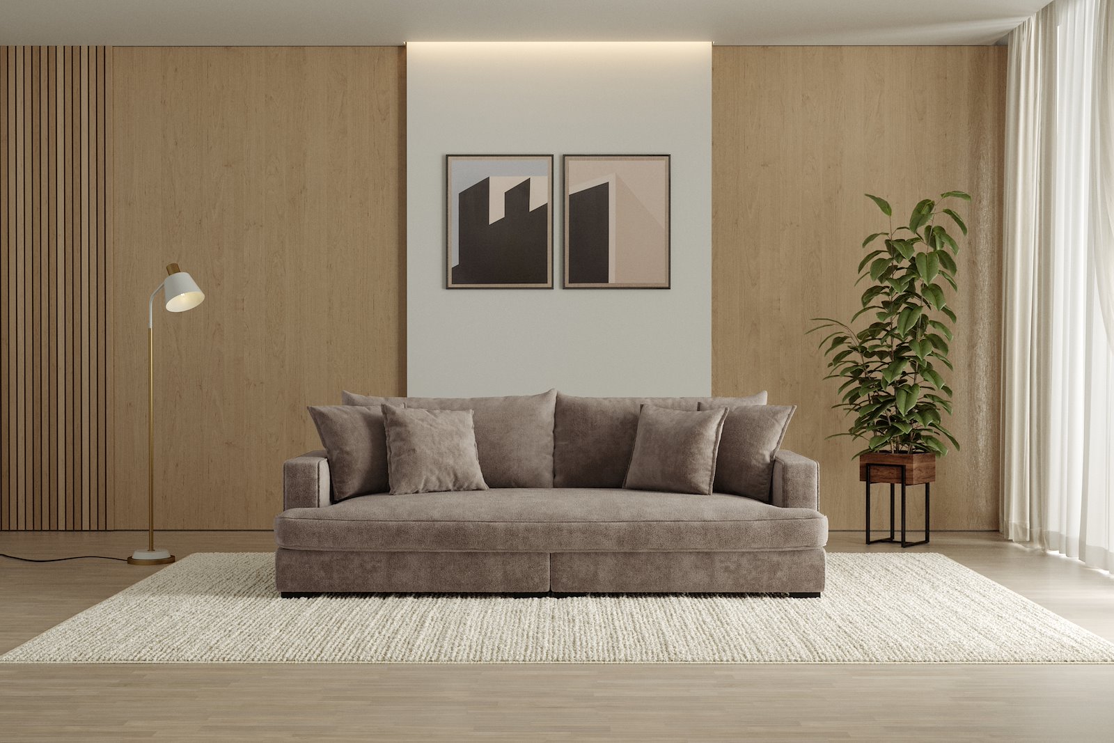 Rossi Lux 3-seter sofa (1 setepute) Tekstil Genesis 6 Mink, arm A med sorte ben. Lux Komfort.