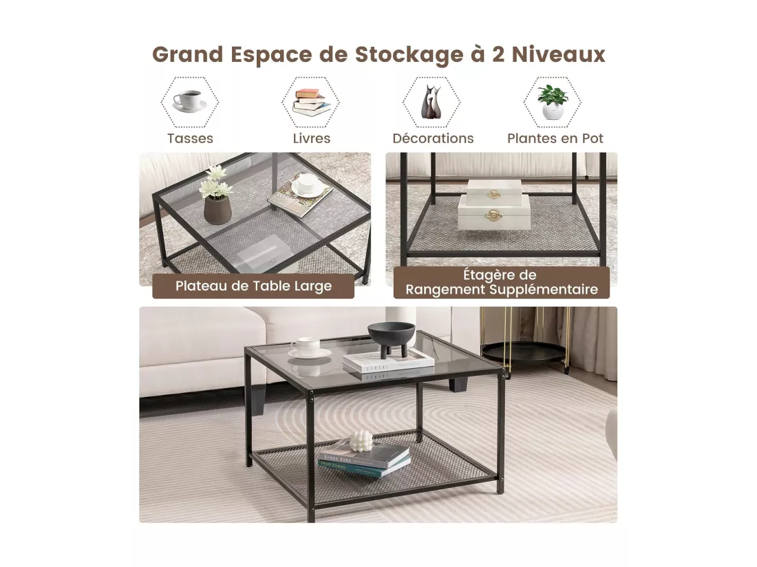 Table basse carrée, table basse verre avec étagère en maille, noir 70 x 70 x 45 cm (gris)