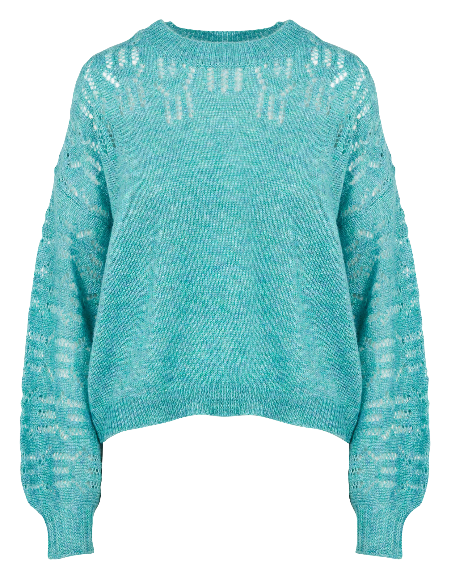 Pull col rond ajouré en maille mélangée| Bleu
