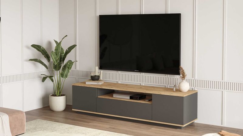 TV Meubel - Antraciet & Eiken - Melamine - Ruime Afmetingen 180x44,6x44,5cm