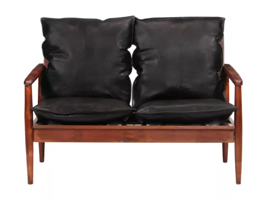 Canapé 2 places noir cuir véritable et bois d'acacia solide