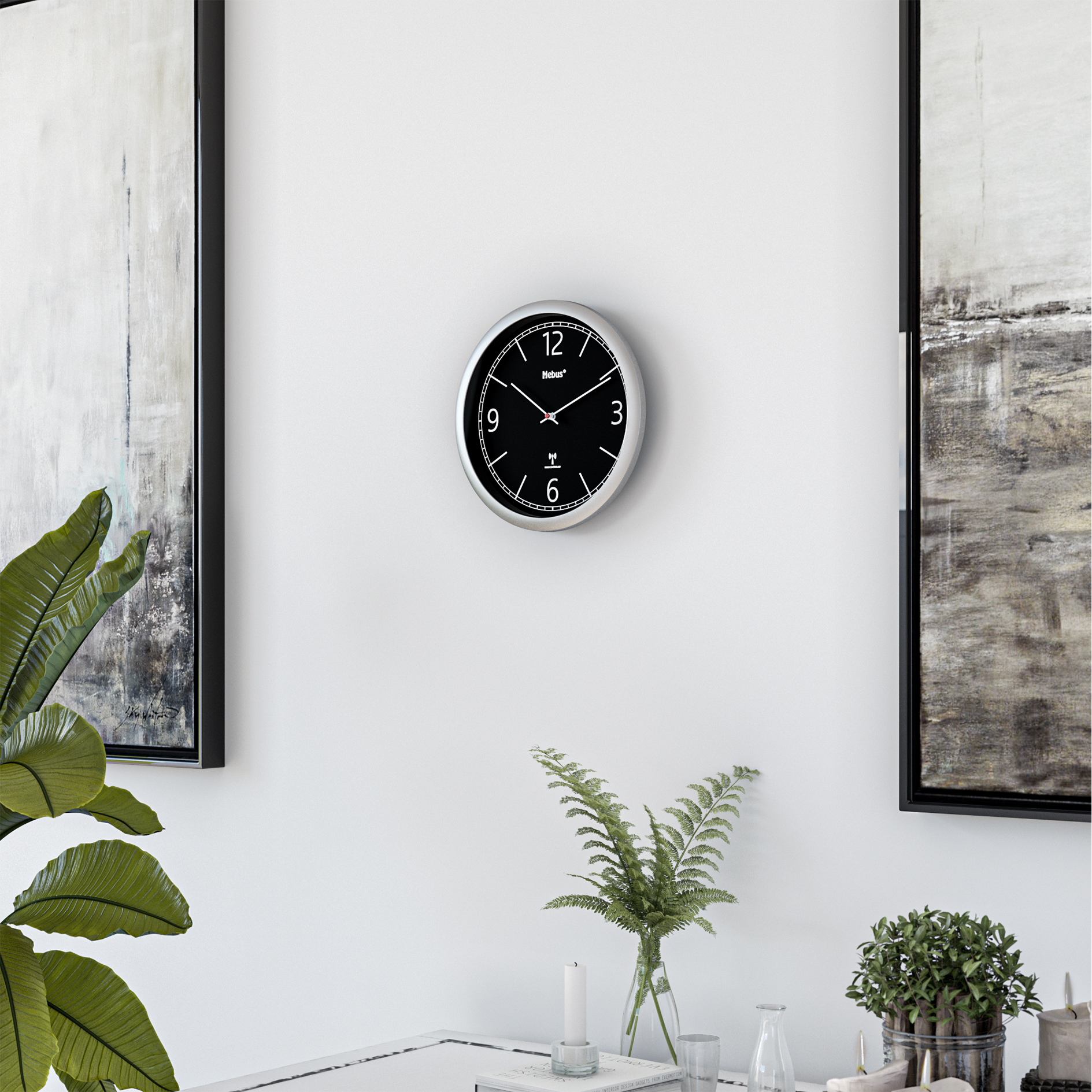 MEBUS Funk-Wanduhr - silber-schwarz - Ø 25 cm