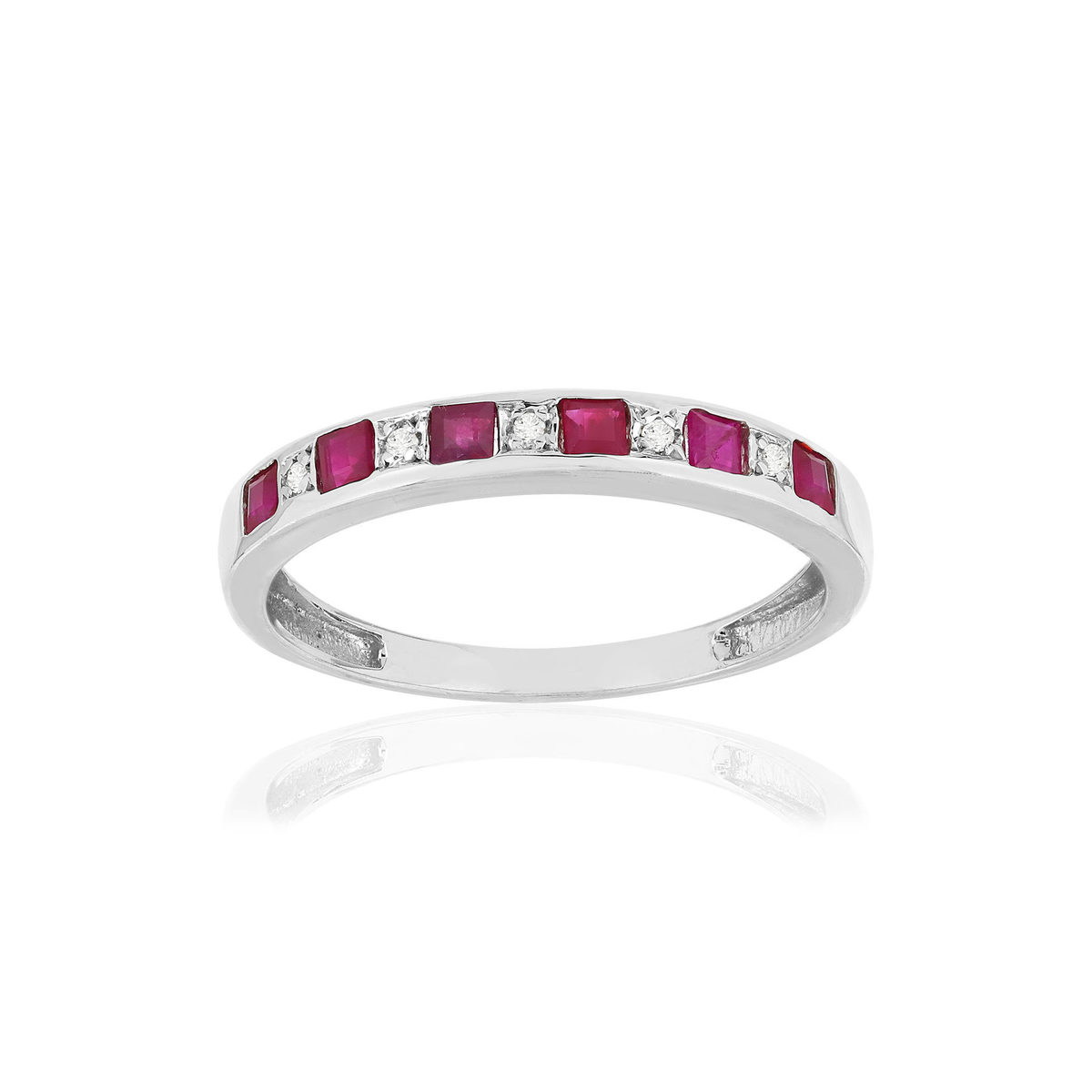 Bague or blanc 375 rubis, diamants.