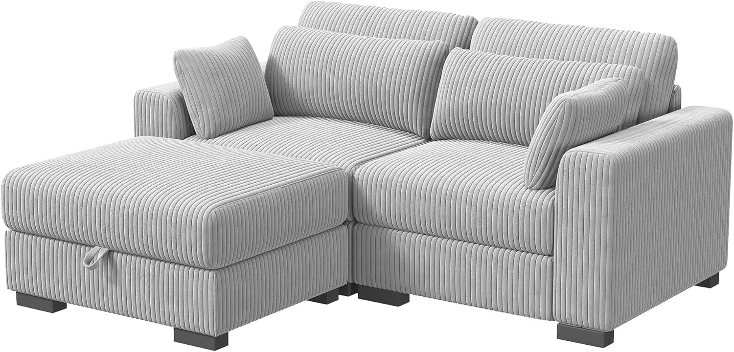 2-Sitzer-Sofa, gepolstertes Wohnzimmersofa, Chaiselongue, Schlafsofa, modulares Bodensofa in L-Form aus Stoff mit Kissen und Hocker (Grau, 2 Sitzplätze+1 Fußstütze)