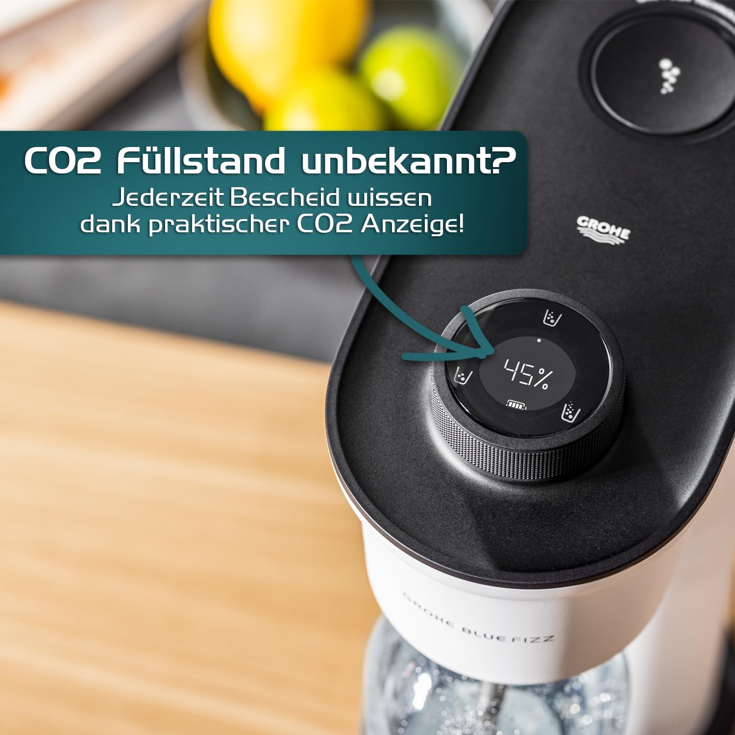 GROHE Blue Fizz, Wassersprudler Starter Set (mit CO2-Füllstandsanzeige, 3 einstellbare Sprudel-Stufen, ohne CO2 Flasche, 1x 0,85l Wasserflasche + Reinigungspulver), schwarz, 31947K00