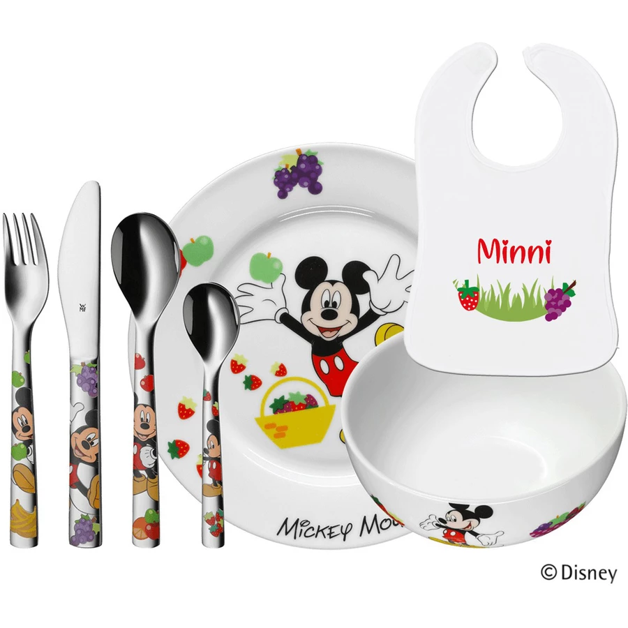 Schnullireich Geschenkset mit Namen Mickey Mouse: WMF Kinderbesteck + TellerSchale+ Lätzchen Silber