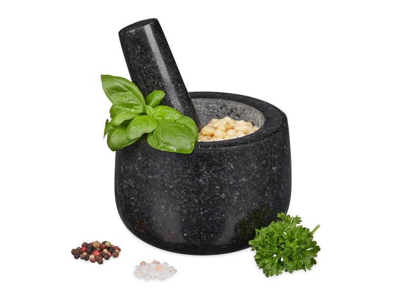 relaxdays Mörser mit Stössel 12 cm, Granit Polierter Gewürzmörser und Stössel