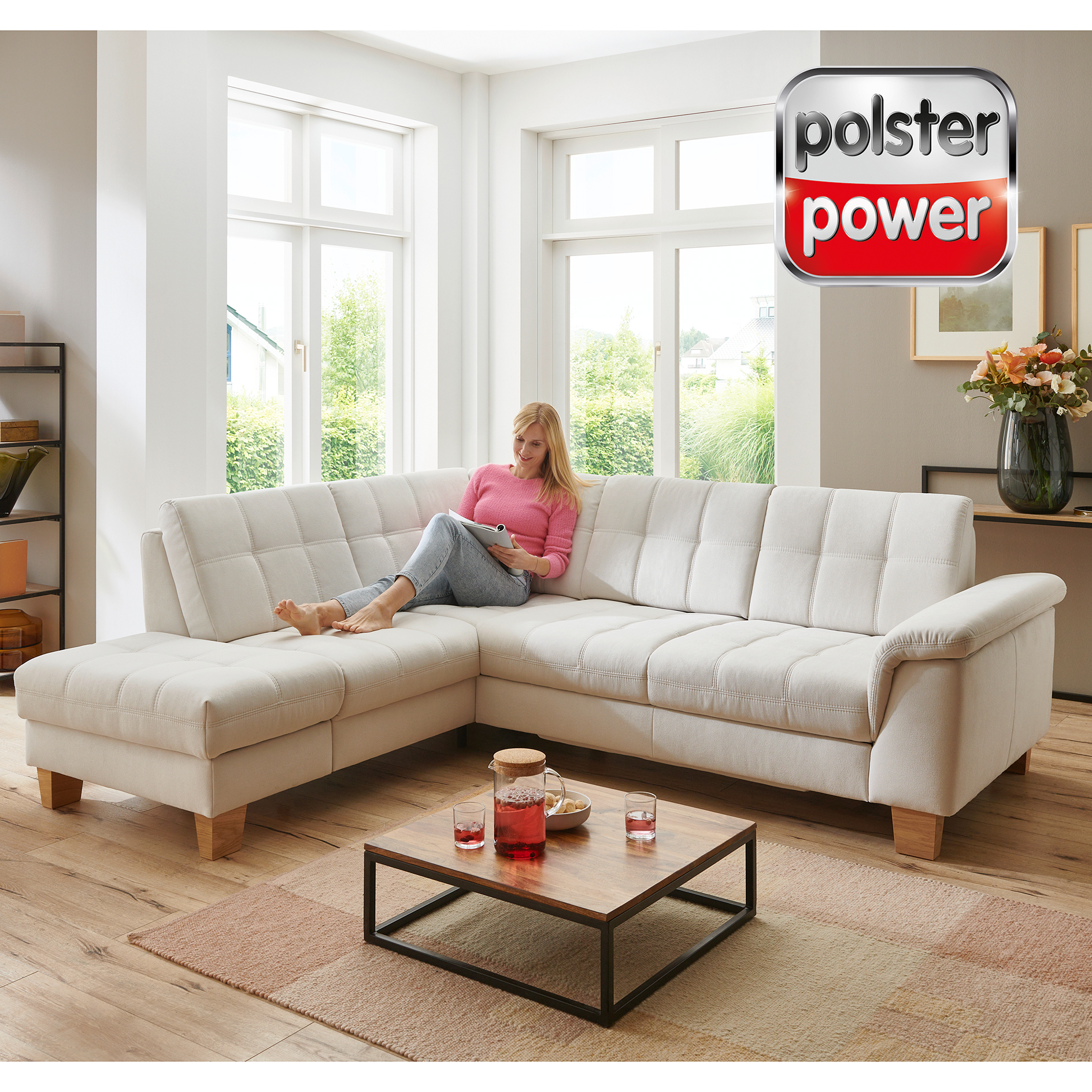 polsterpower Ecksofa - natur - Basismodell - Anstellhocker links