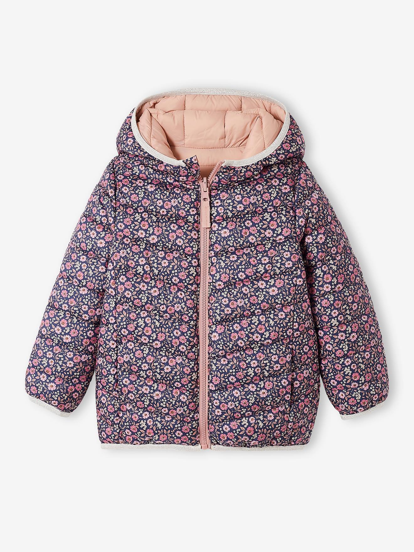 Jaqueta reversível leve com capuz para meninas, estampa rosa vibrante.