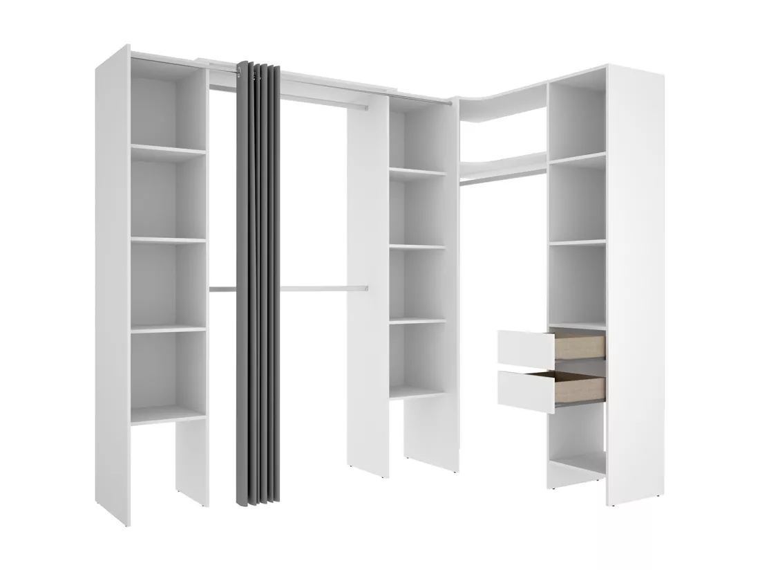 Kit armoire dressing d'angle extensible en bois mélaminé coloris blanc - Longueur 164-234 x Profondeur 141 x Hauteur 205 cm