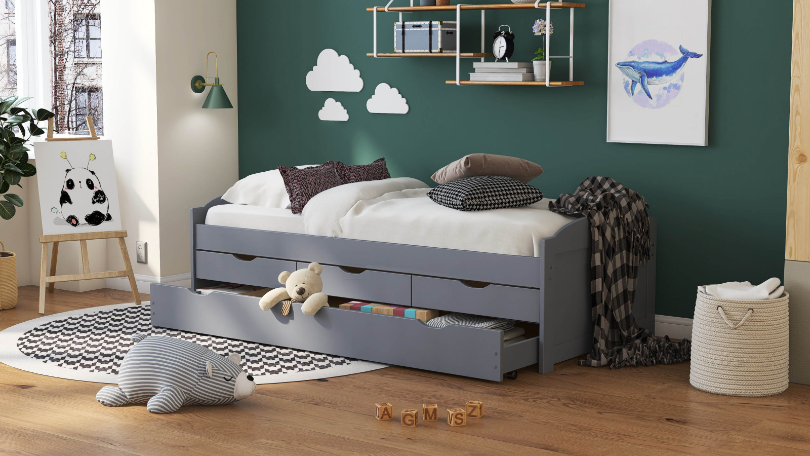 Funktionsbett LENA - grau - Massivholz - 2x 90x200 cm