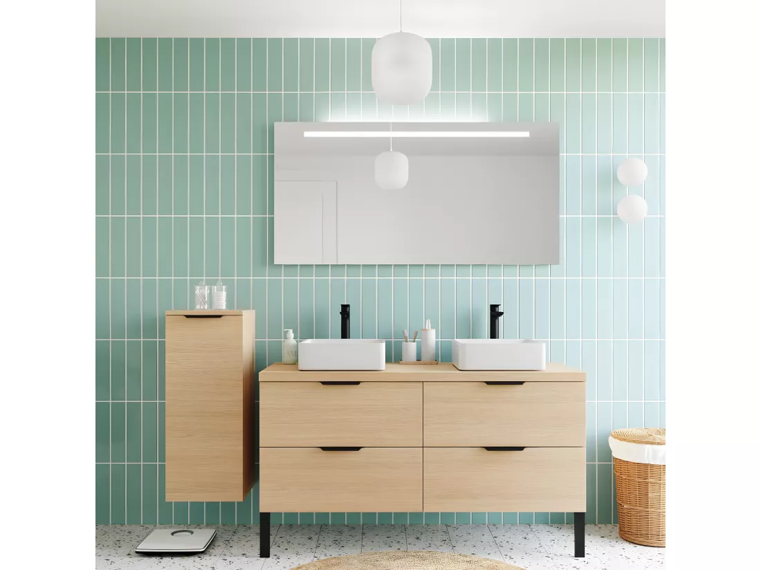 Meuble de salle de bain suspendu 2 vasques à poser 140cm 4 tiroirs Chêne clair - Soho