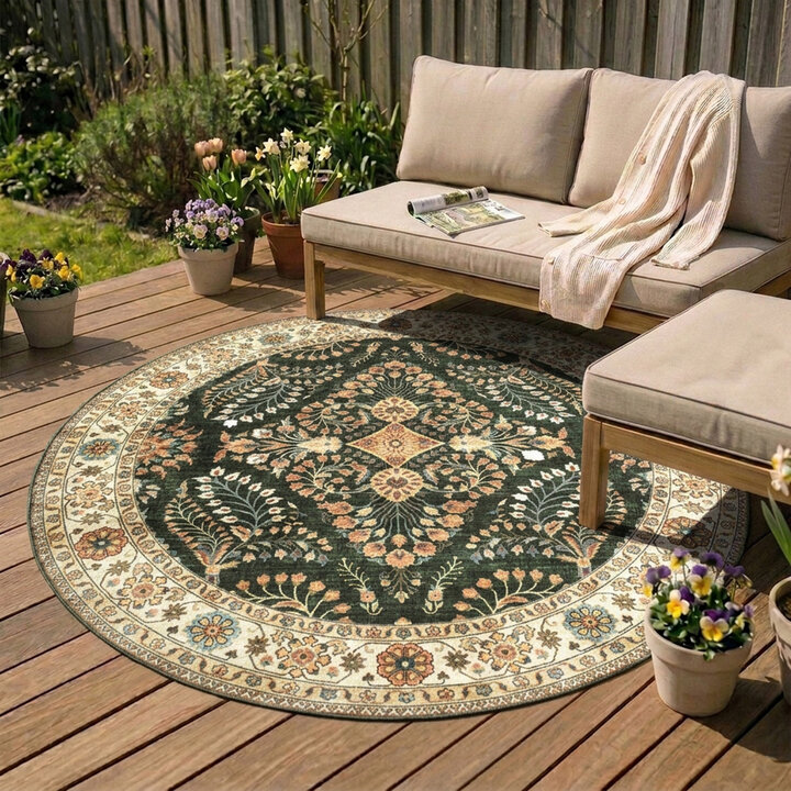 Rond vintage buitenkleed - Santo Flora Donkergroen