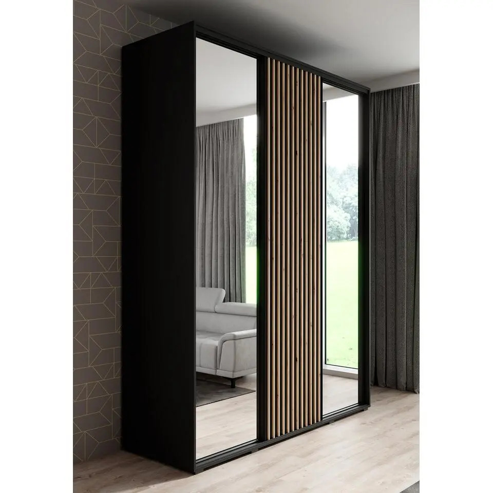 Meubella - Kledingkast Leandro - Zwart - 180 cm - Met spiegel