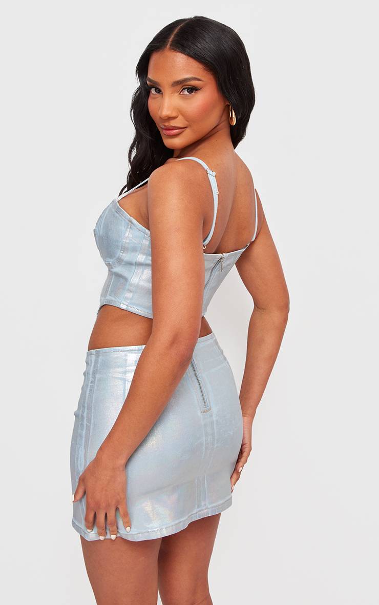 Bleu Top Corset En Denim À Revêtement Métallisé Argenté