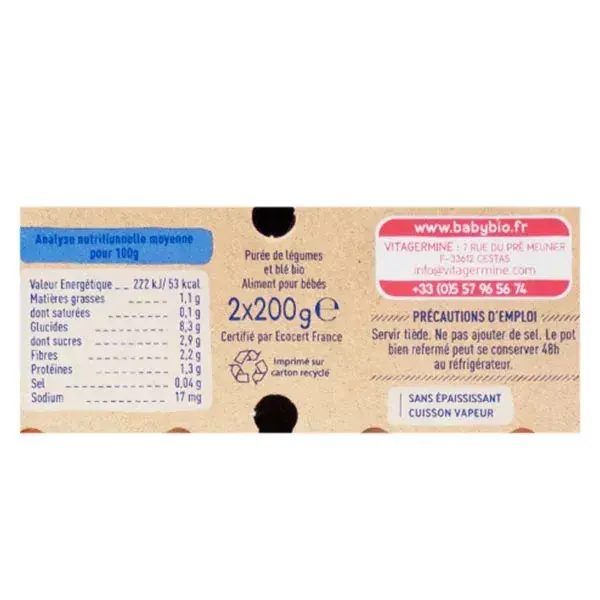 Babybio Refeição Noturna Orgânica em Potes, Cenoura, Batata Doce e Trigo +6 meses, 2 x 200g