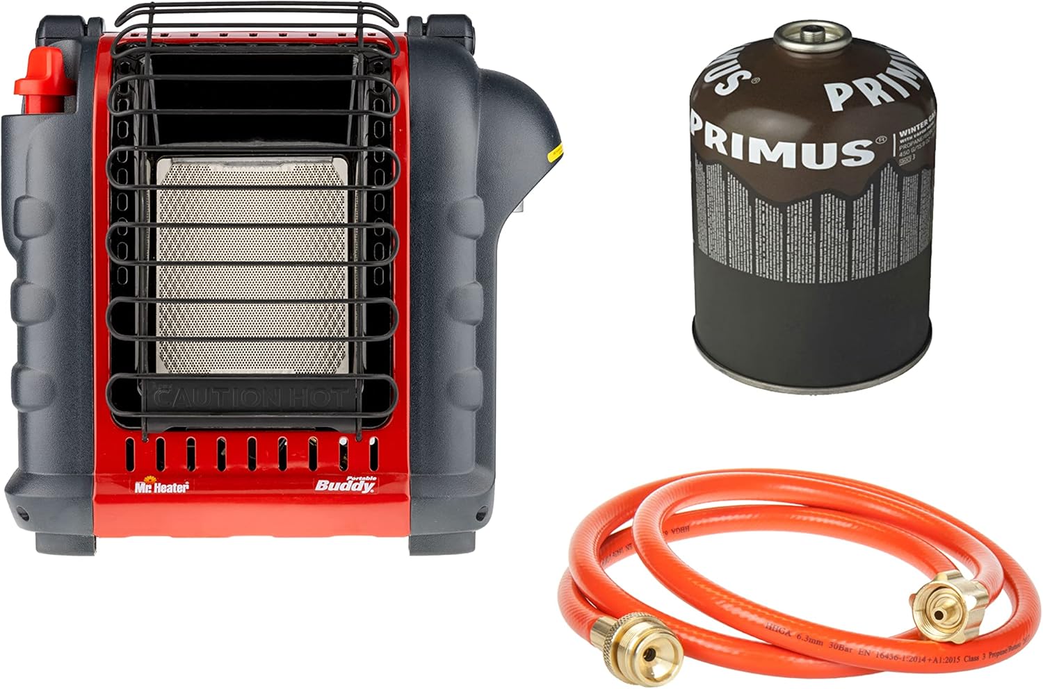 Mr. Heater Portable Buddy inkl. ölfreiem Schlauch & Gaskartusche, Heizgerät für Gaskartuschen & Gasflaschen, zwei Leistungsstufen (1,2kW / 2,4kW), mobile Heizung für Camping mit Piezo-Zünder