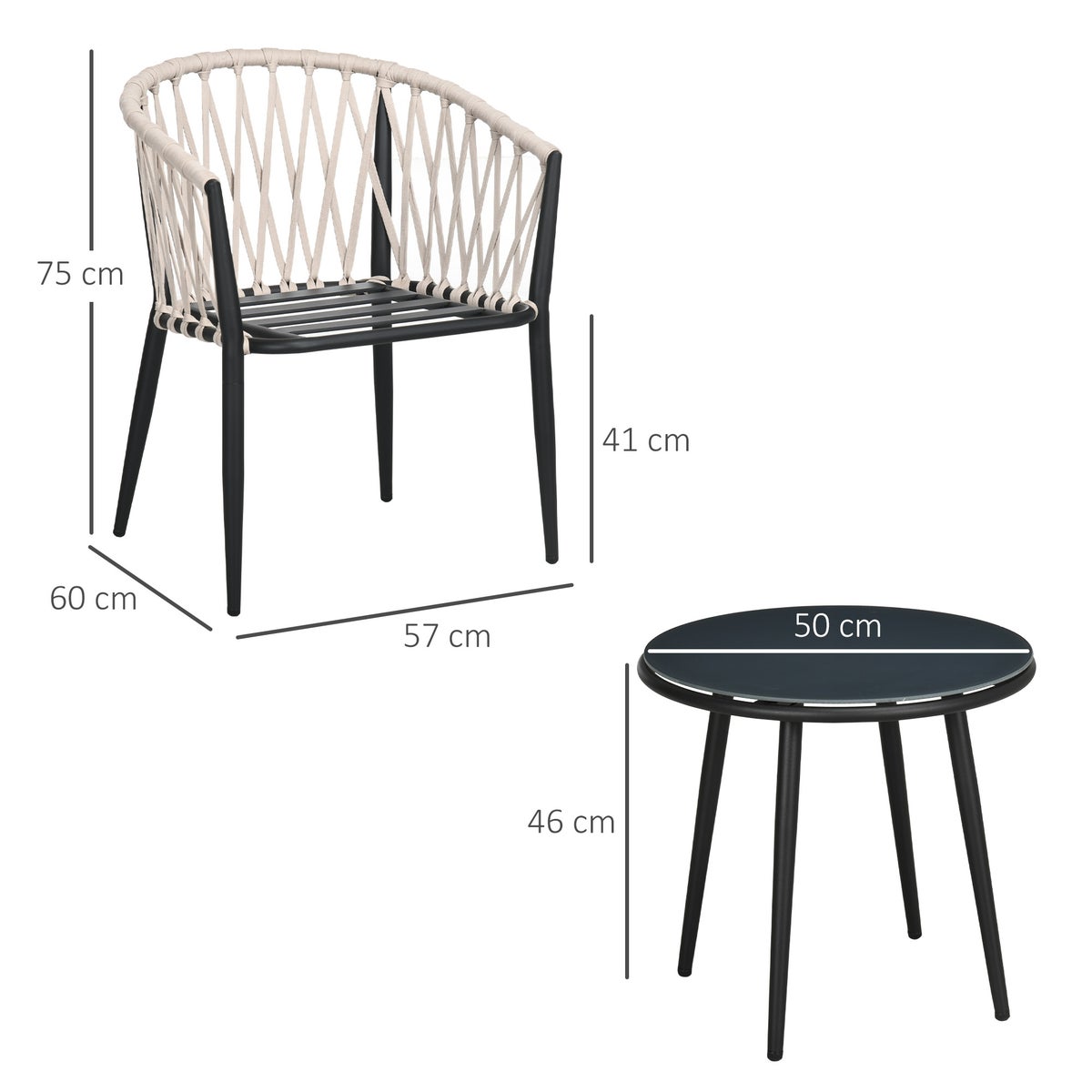 Outsunny 3-delige tuinmeubelset, tuinbistroset inclusief 1 tafel, 2 stoelen met zitkussens, balkonset, voor terras, balkon, 57L x 60B x 75H cm, staal, grijs