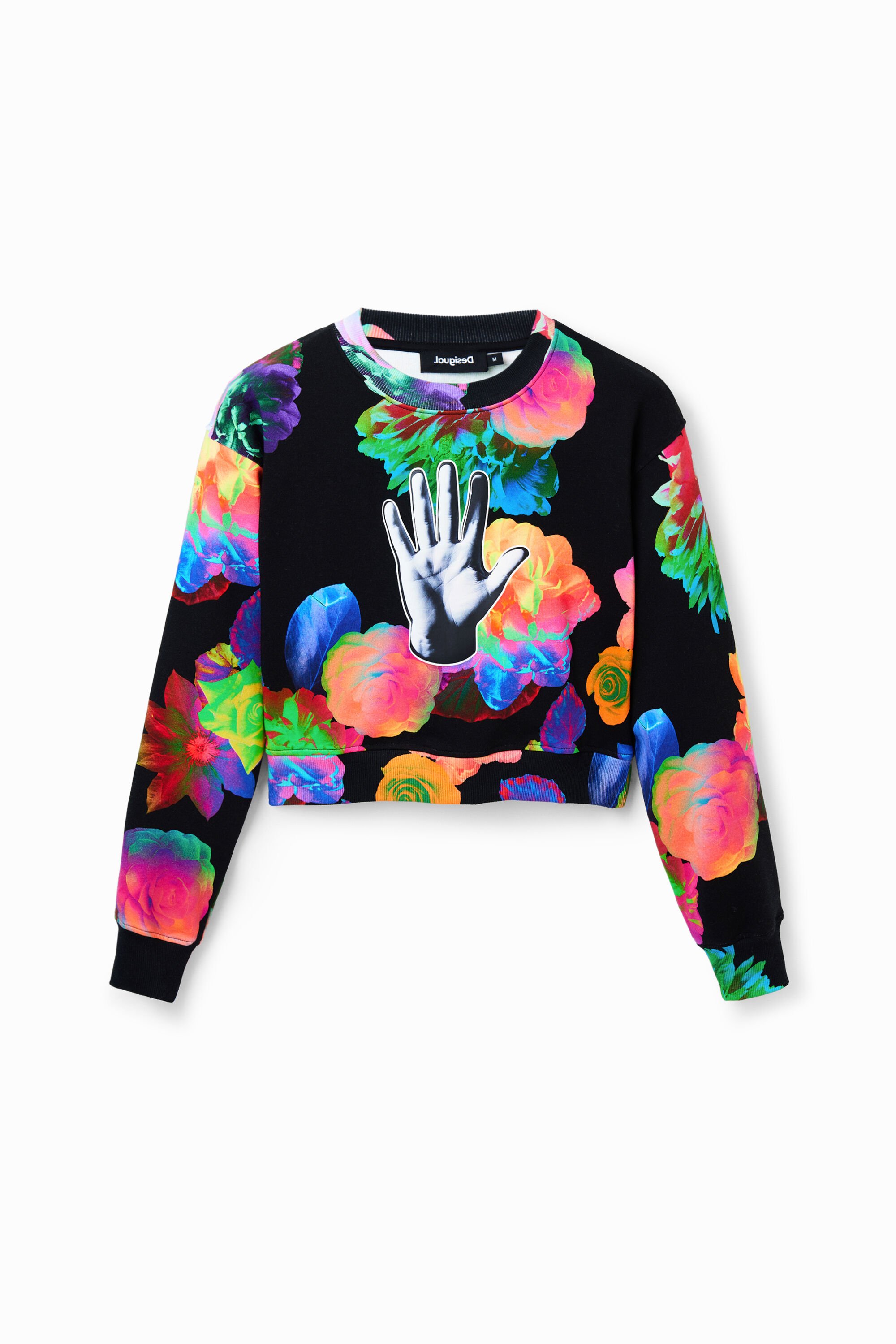 Sweat-shirt court fleurs main