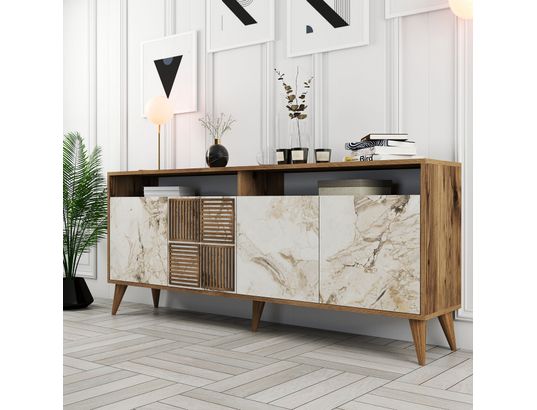 CONCEPT1 - Bahut Milan noyer marbre blanc 180 x 35 x 78cm
